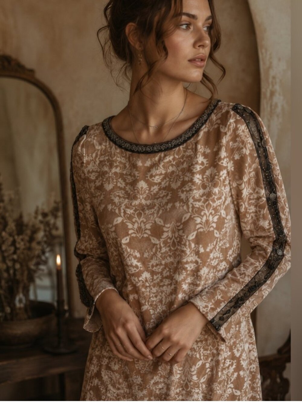New Sundance Dress SZ 6 Champagne Dreams Beige Damask Burnout Velvet Beaded Boho